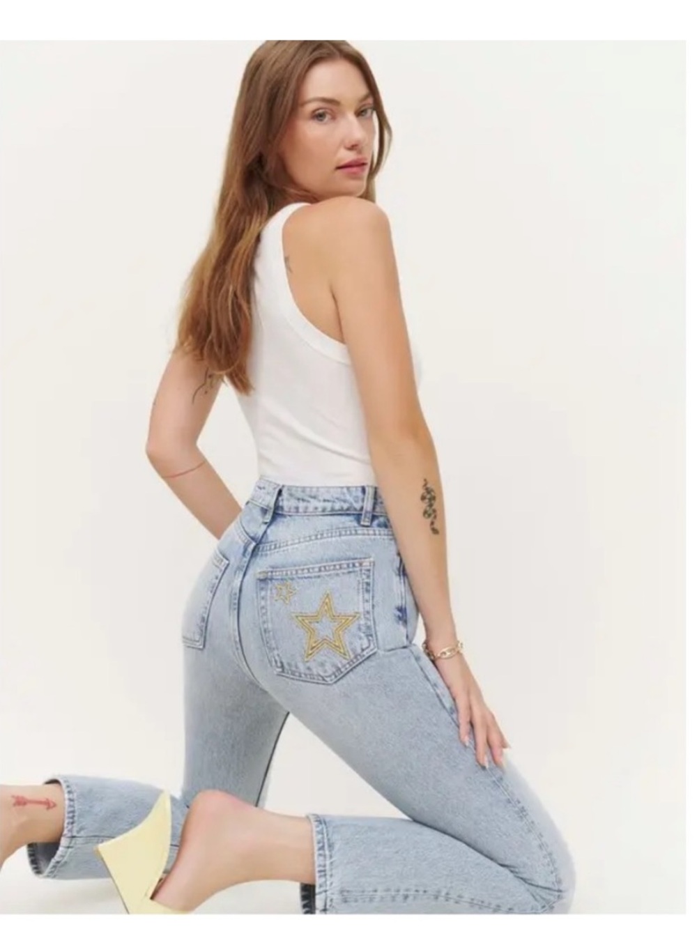 Reformation Cynthia Straight High Rise Star Embroidered Sloane Jeans Size 26
